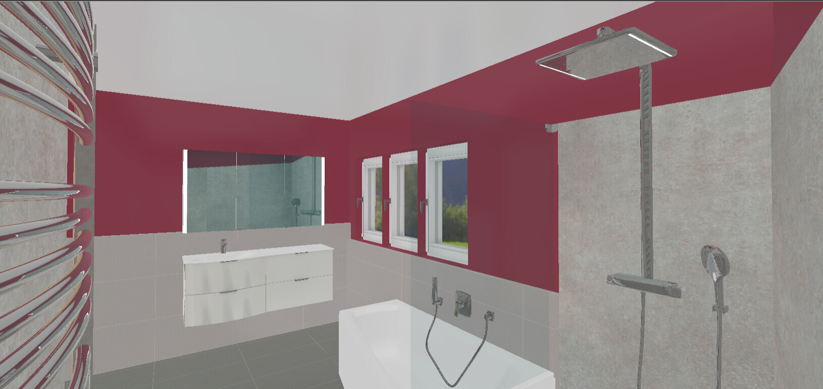 Modernes Badezimmer mit roter Wand, Waschtisch, Spiegel, Badewanne, Dusche und Fenster.