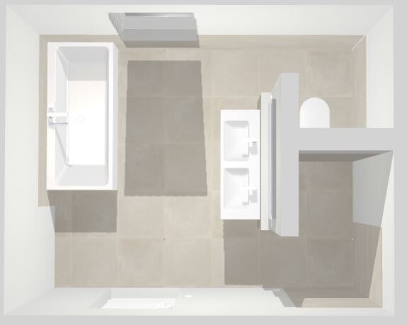 Draufsicht eines modernen Badezimmers: Badewanne links, Doppelwaschtisch Mitte, Toilette rechts.