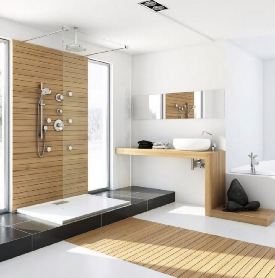 Modernes Badezimmer mit Dusche, Glasabtrennung, Holz-Waschtisch und Badewanne.