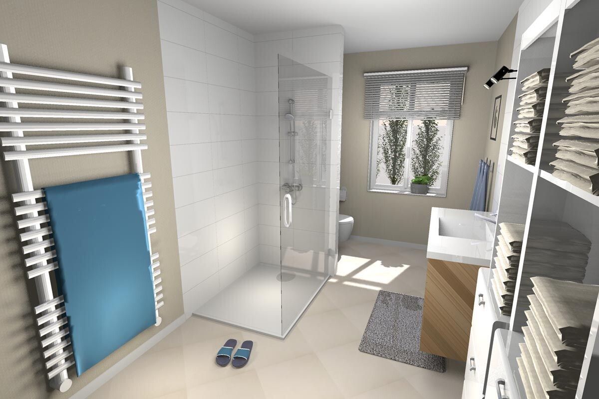 Modernes Badezimmer mit Glasdusche, Waschbecken und Regal voller Handtücher.