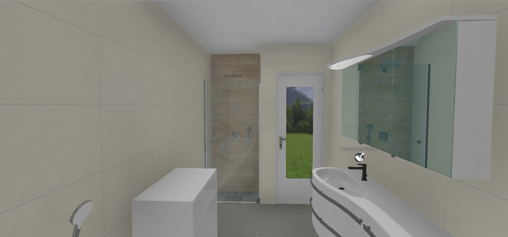 Modernes Badezimmer mit Dusche, Waschbecken, Spiegel und Tür nach draußen mit Blick auf Garten.