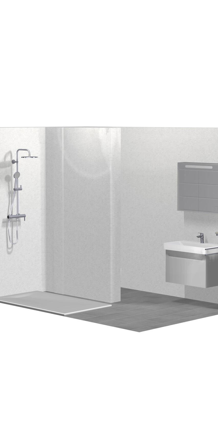 Modernes Badezimmer: Dusche links mit Regenkopf und Handbrause; Waschtisch rechts.