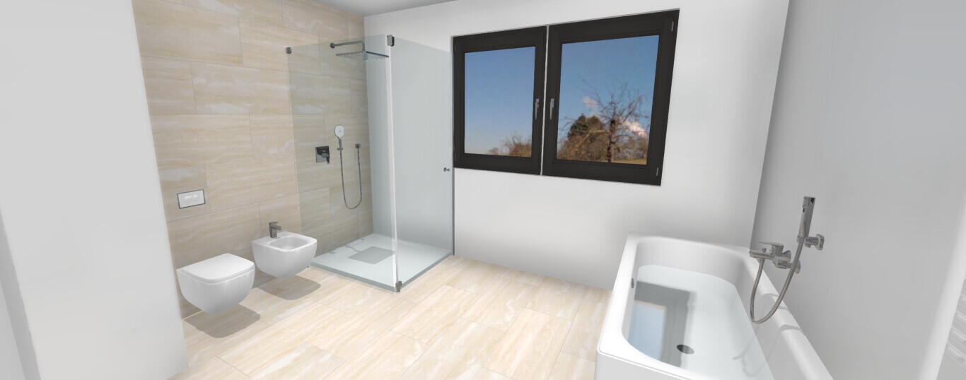 Modernes Badezimmer: Toilette, Bidet, Dusche aus Glas, Badewanne, Fenster mit schwarzem Rahmen.