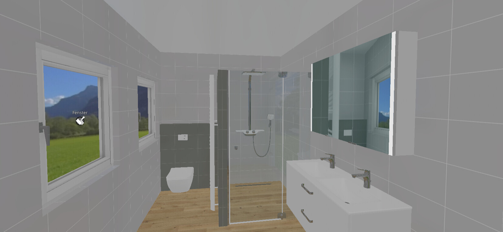 Badezimmer mit Doppelwaschbecken, Glasdusche, Toilette, Holzfußboden und Fenster mit Bergblick.
