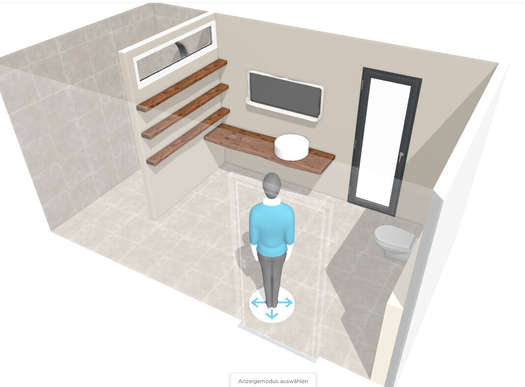 3D-Badezimmer-Render: Person vor Holz-Waschtisch, Spiegel, Wandregalen; Tür mit Glas, Toilette.