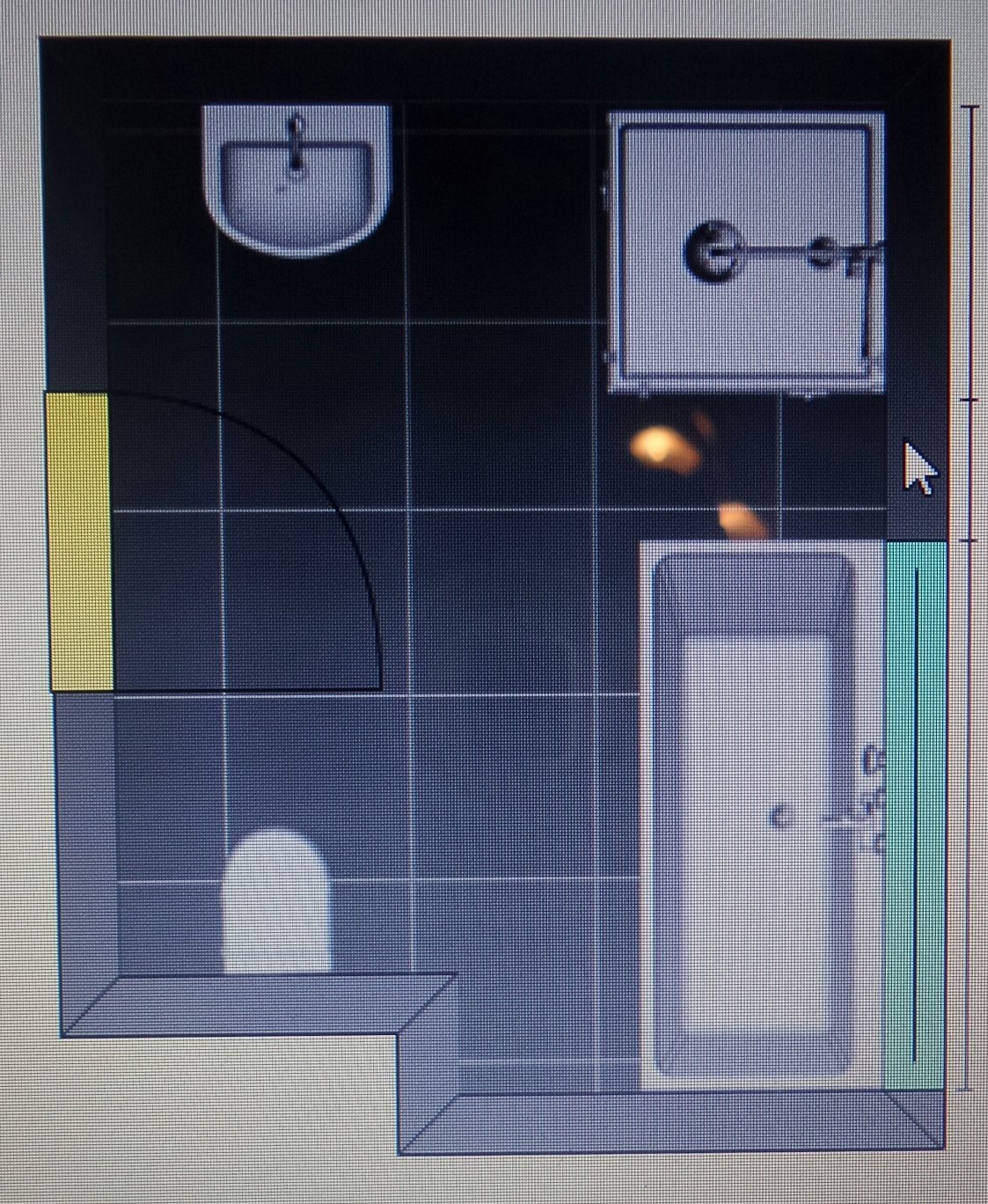 Badezimmer-Grundriss: Waschbecken links, Toilette unten links, Dusche oben rechts, Badewanne rechts.