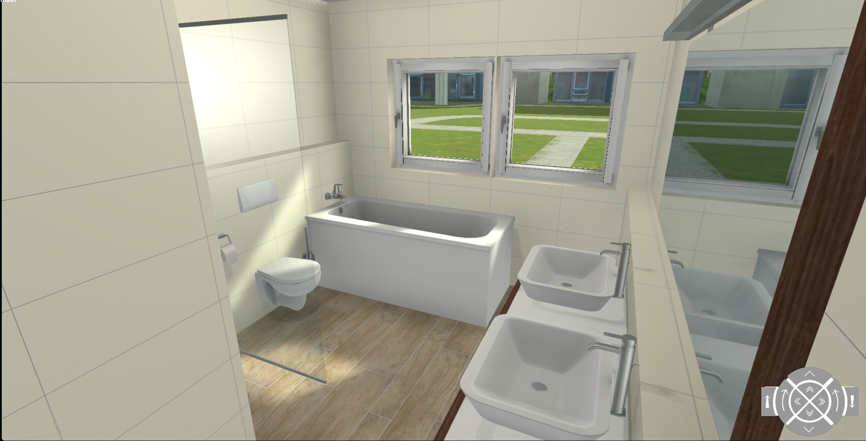 Moderne Badezimmer-Szene mit Badewanne, Toilette, zwei Waschbecken, Glasdusche und Gartenblick.