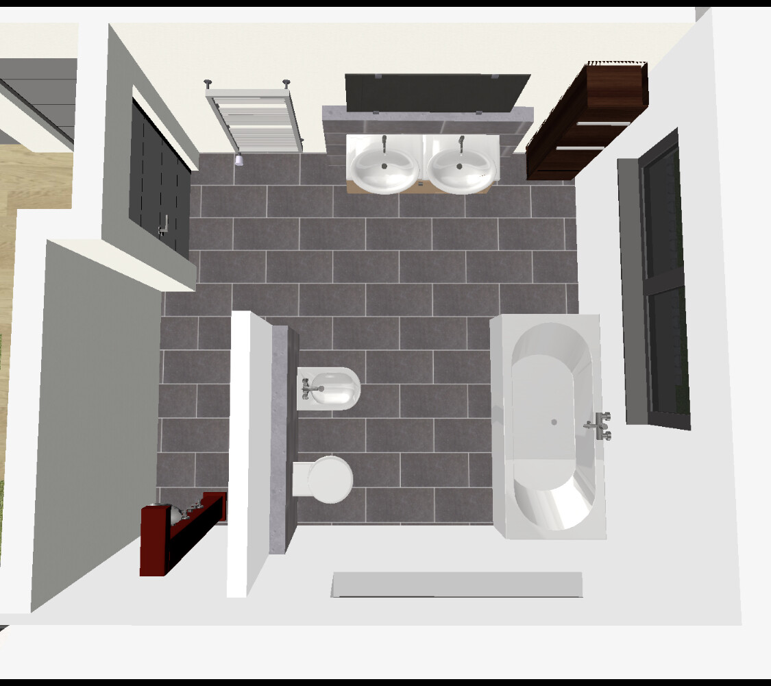 Top-Ansicht eines Badezimmers von oben: Doppelwaschbecken, Badewanne, Toilette, Bidet, Fenster