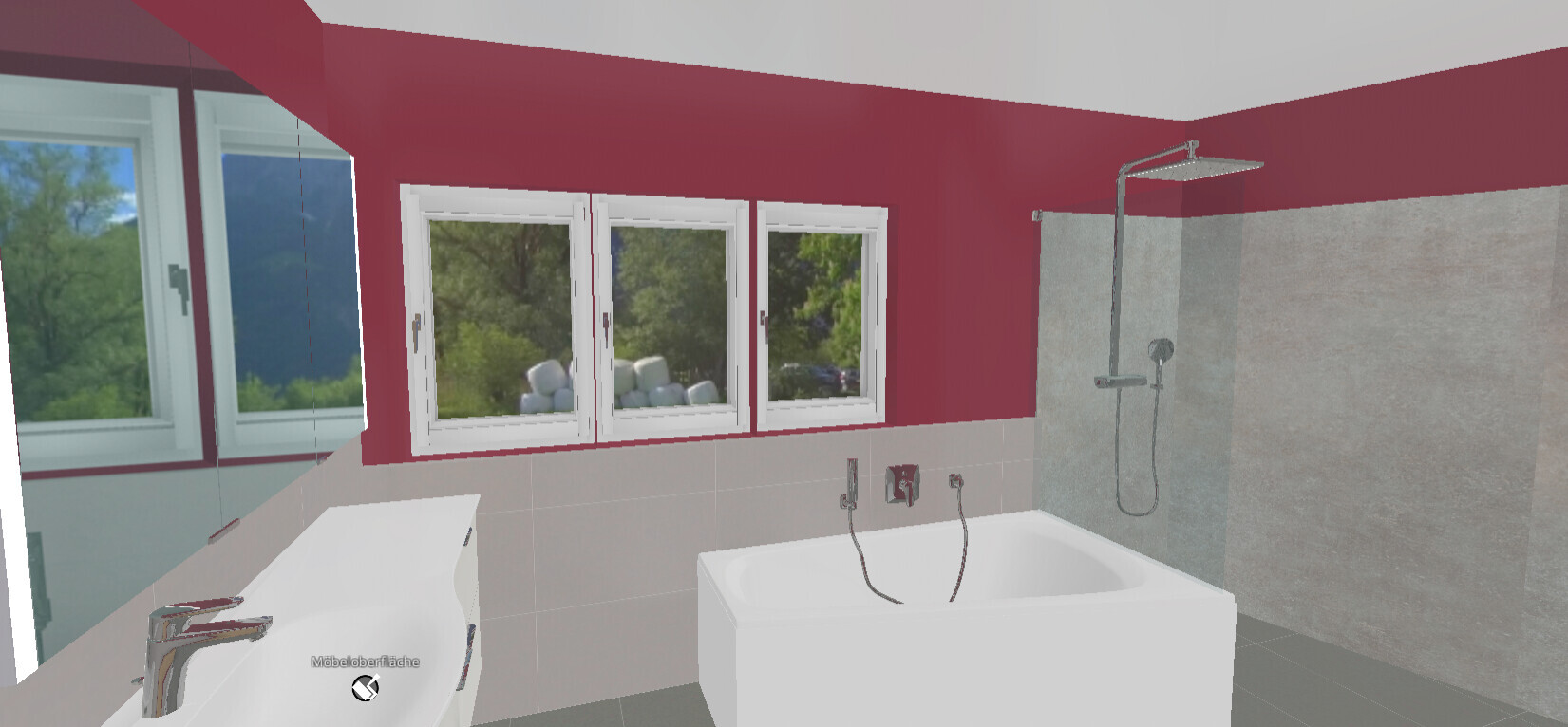 Modernes Badezimmer mit roter Wand, freistehende Badewanne, Glas-Dusche und drei Fenster.