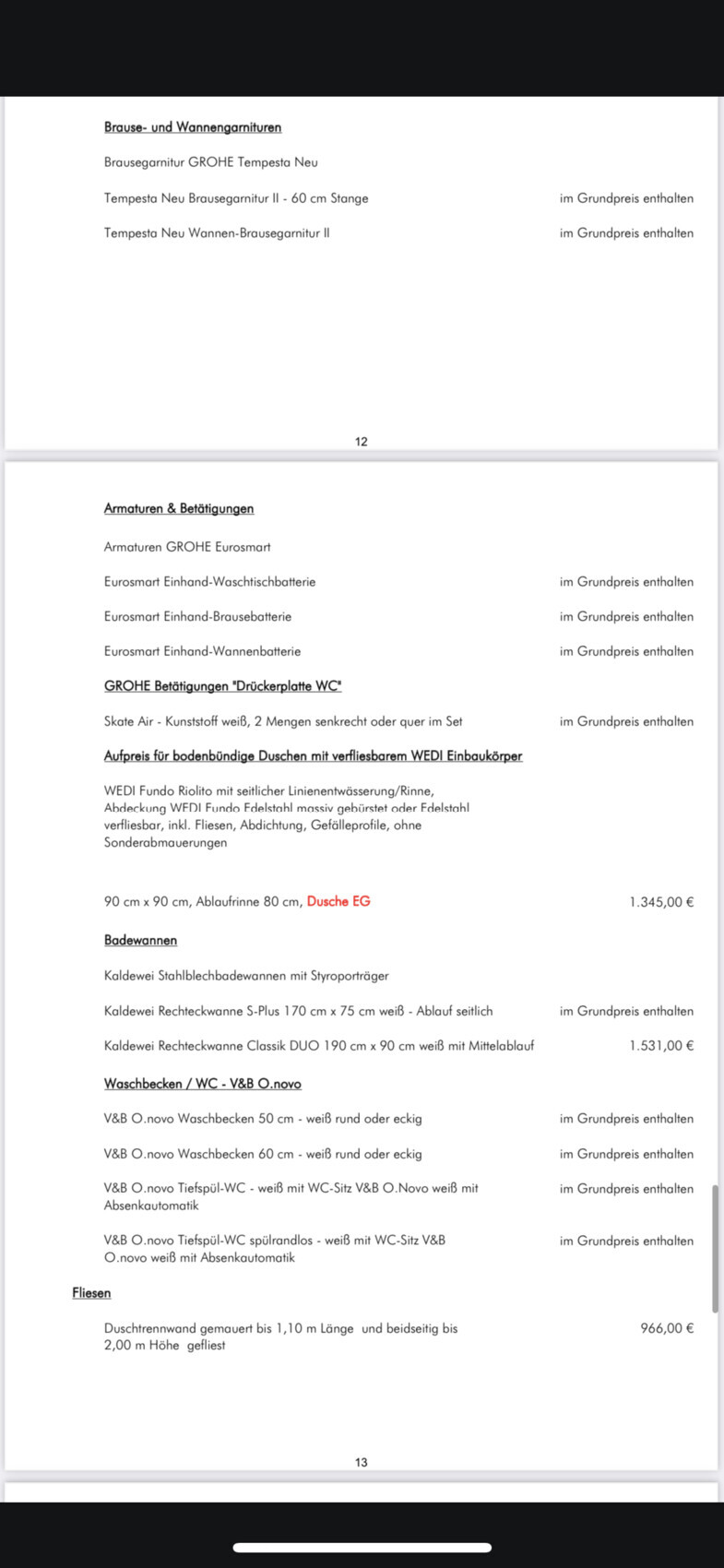 Seiten eines Preis- und Produktkatalogs für Badarmaturen, Duschen und WCs.