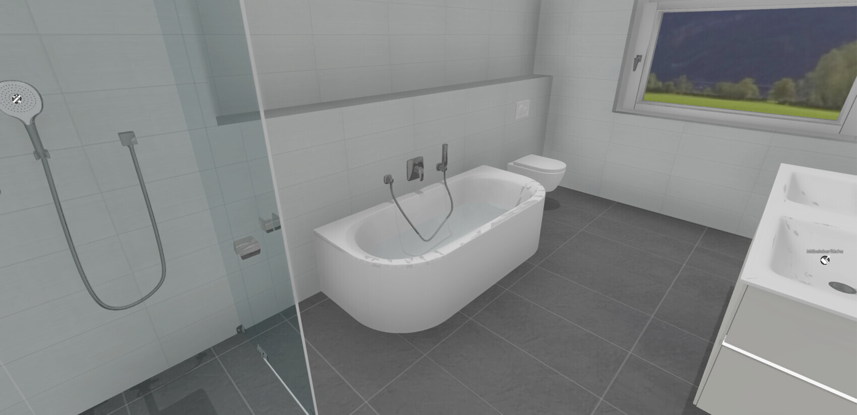 Modernes Badezimmer: Dusche, freistehende Badewanne, WC, Waschbecken und Fenster mit Bergblick.