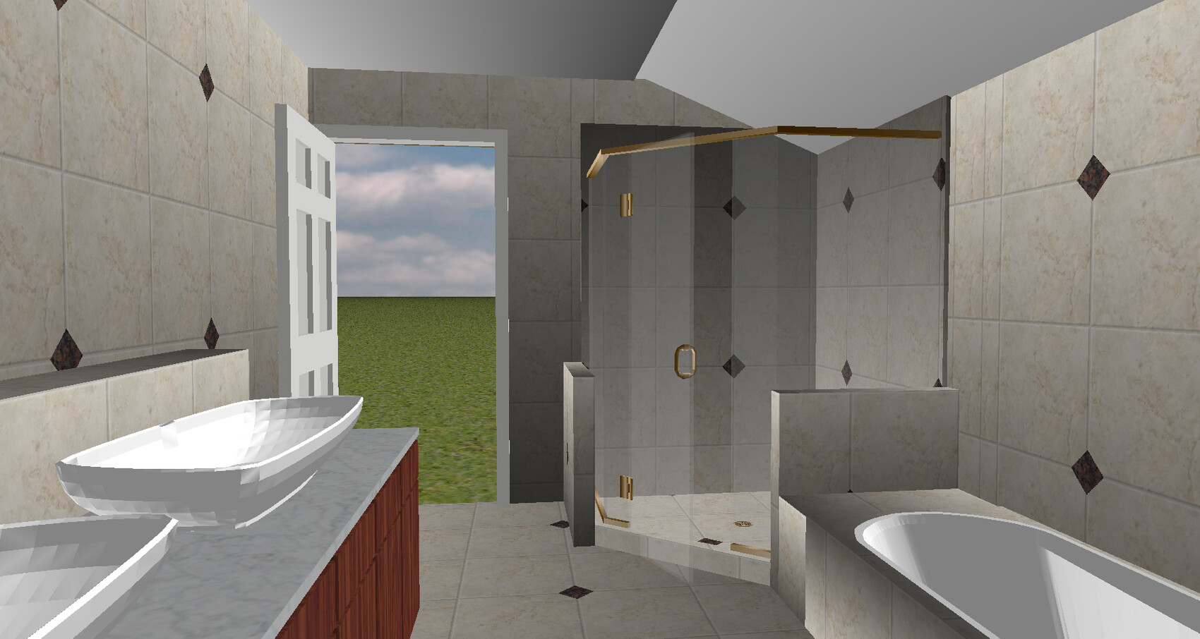 Badezimmer mit zwei Waschbecken, Glas-Dusche, Badewanne und offener Tür zum Garten.
