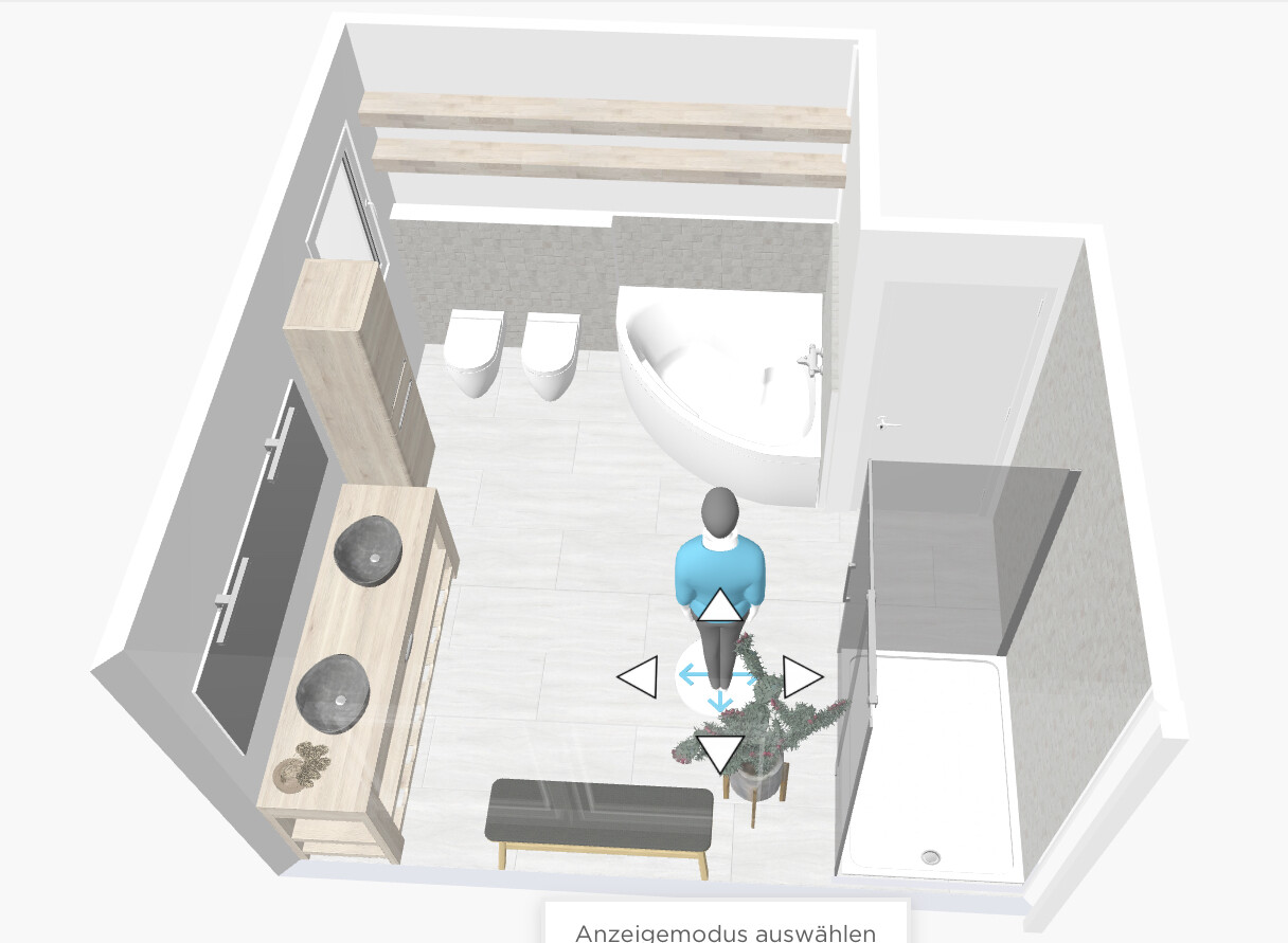 3D-Badezimmer-Plan: Eckbadewanne, Dusche, Doppelwaschbecken, WC, Pflanze