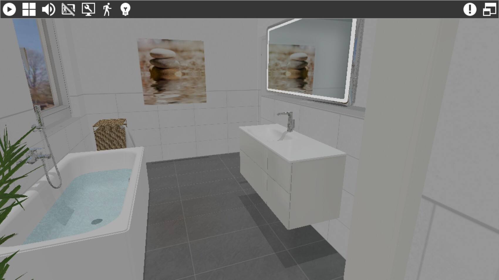 Modernes Badezimmer: Badewanne links, Waschbecken mit Unterschrank rechts, beleuchteter Spiegel, Pflanze und Korb.