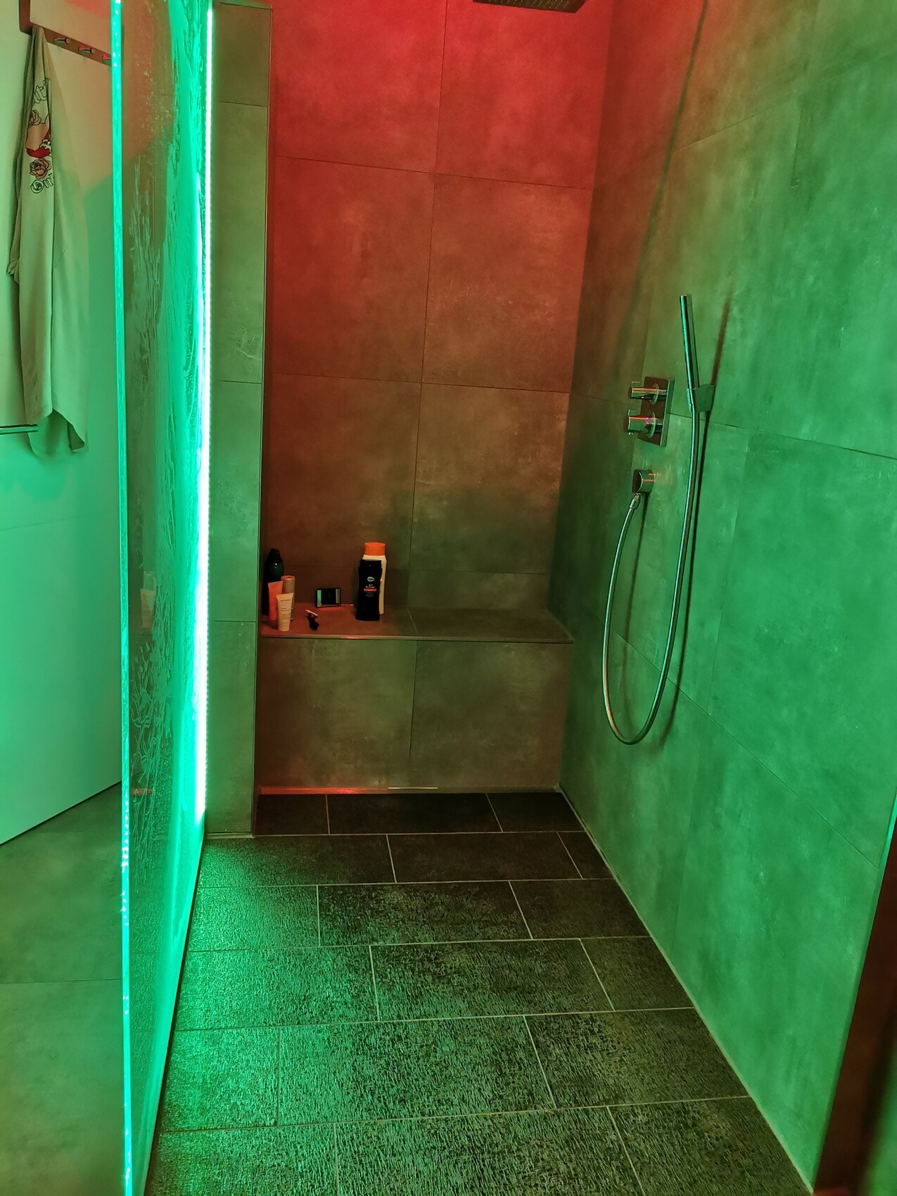 Moderne Dusche mit grünem Licht, Wandfliesen, Duschkopf, Glastrennwand und Pflegeprodukte.