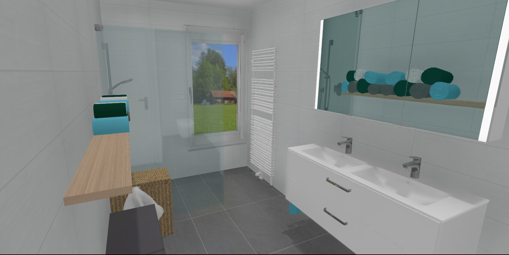 Modernes Badezimmer mit Doppelwaschtisch, beleuchtetem Spiegel, Handtüchern und Fenster mit Gartenblick