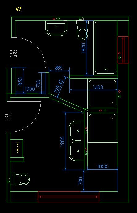 Grundriss eines Badezimmers mit Tür, Waschbecken, WC, Badewanne, Dusche und Möbeln.