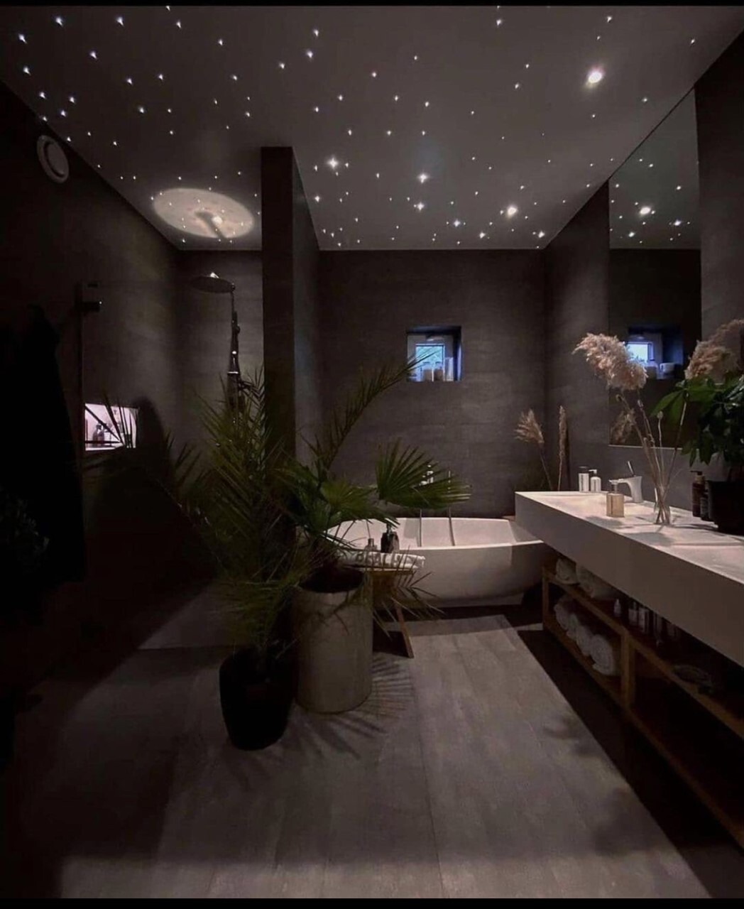 Dunkles Spa-Badezimmer mit Sternenhimmel-Decke, Badewanne, Pflanzen und Waschtisch.