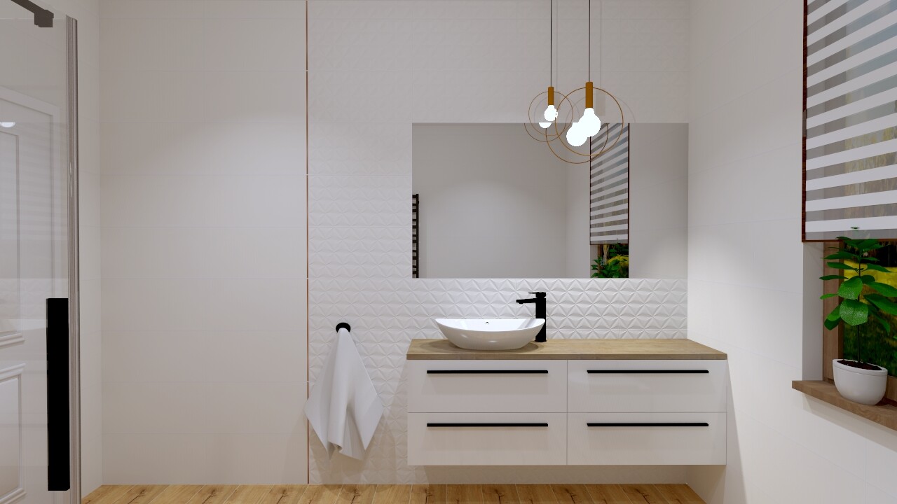 Moderner Badezimmer-Waschtisch mit Holzplatte, Keramik-Becken, Spiegel, Pendelleuchten und Pflanze