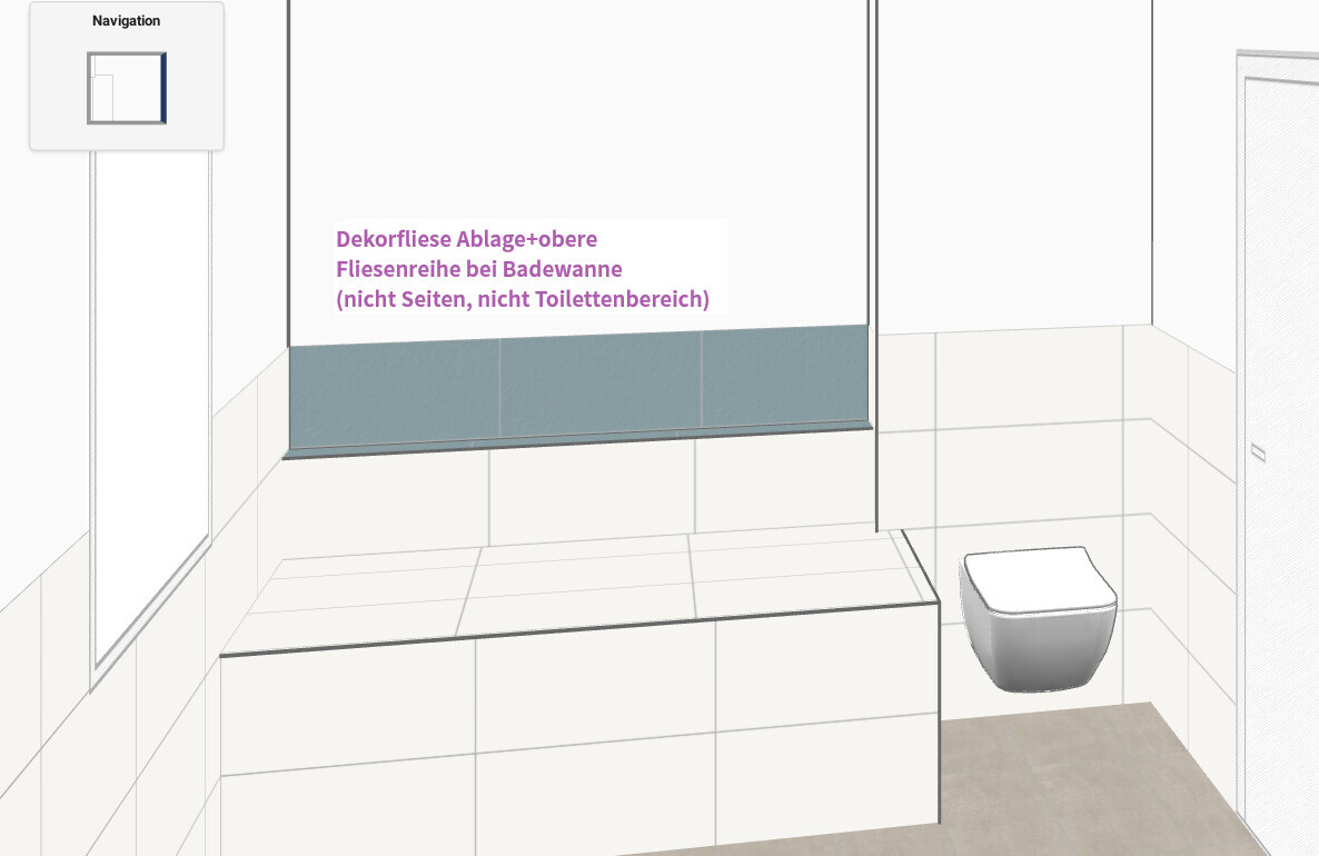 Badezimmer-Skizze: Badewanne mit Fliesenreihe über der Wanne, Toilette rechts.
