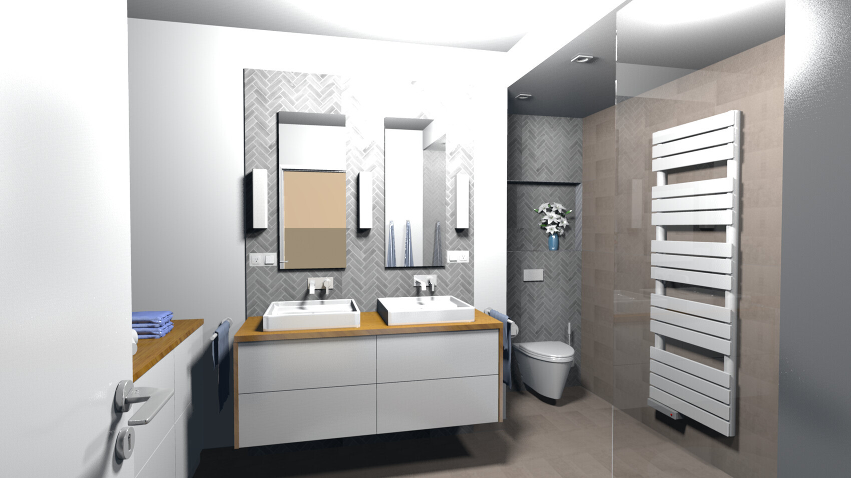 Modernes Badezimmer mit Doppelwaschbecken, Spiegel, Toilette, Dusche und Heizkörper.