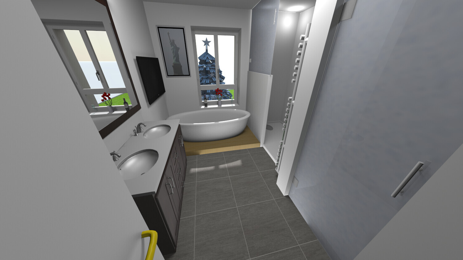 Modernes Badezimmer mit Doppelwaschbecken, freistehender Badewanne vor Fenster und Weihnachtsbaum
