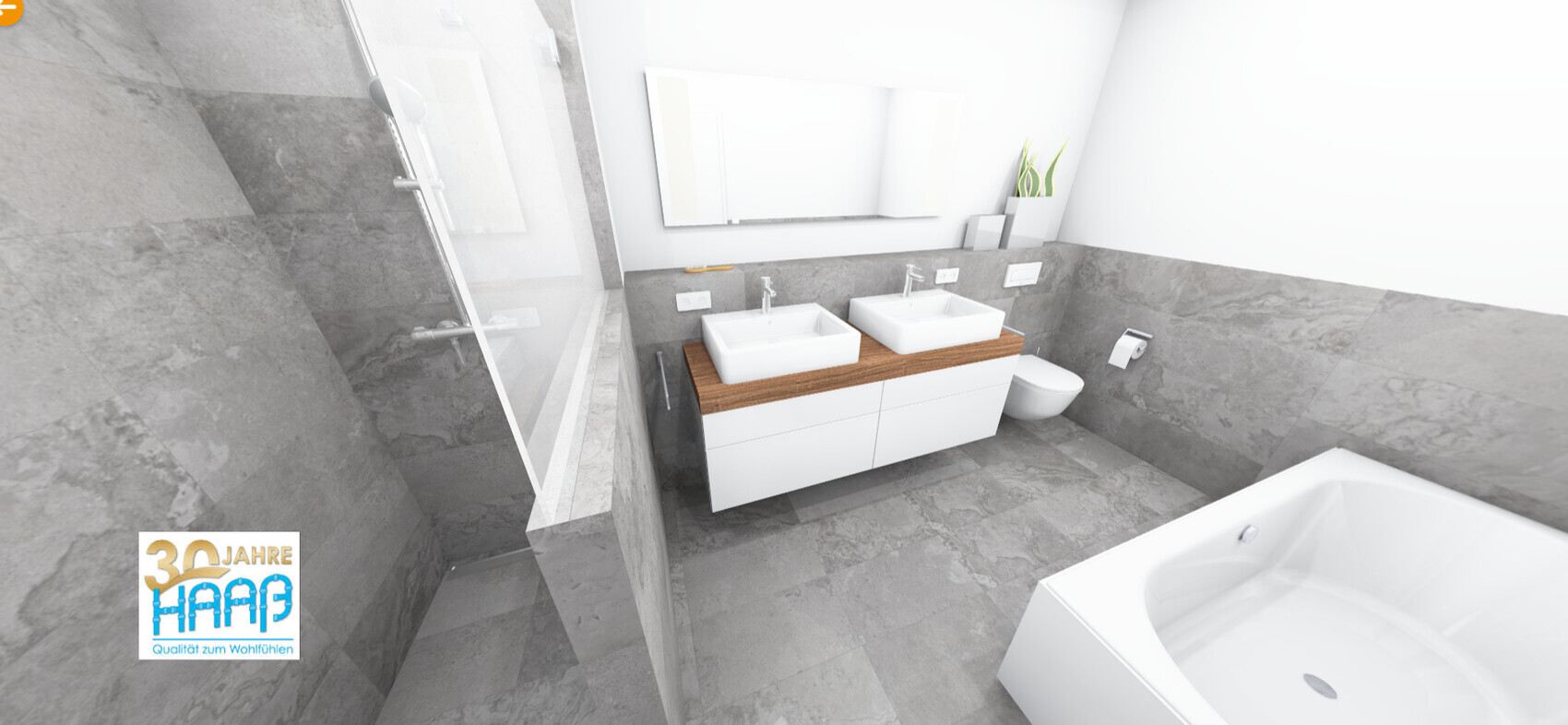 Modernes Badezimmer mit Doppelwaschbecken auf Holzplatte, Glasdusche, WC und Badewanne.