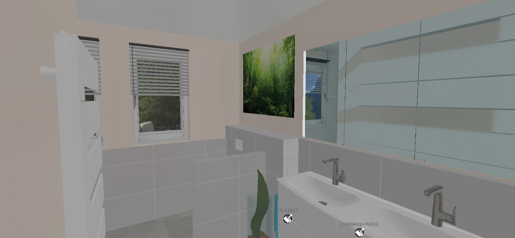 Modernes Badezimmer mit Doppelwaschbecken, Spiegel, Fenster und Waldbild.