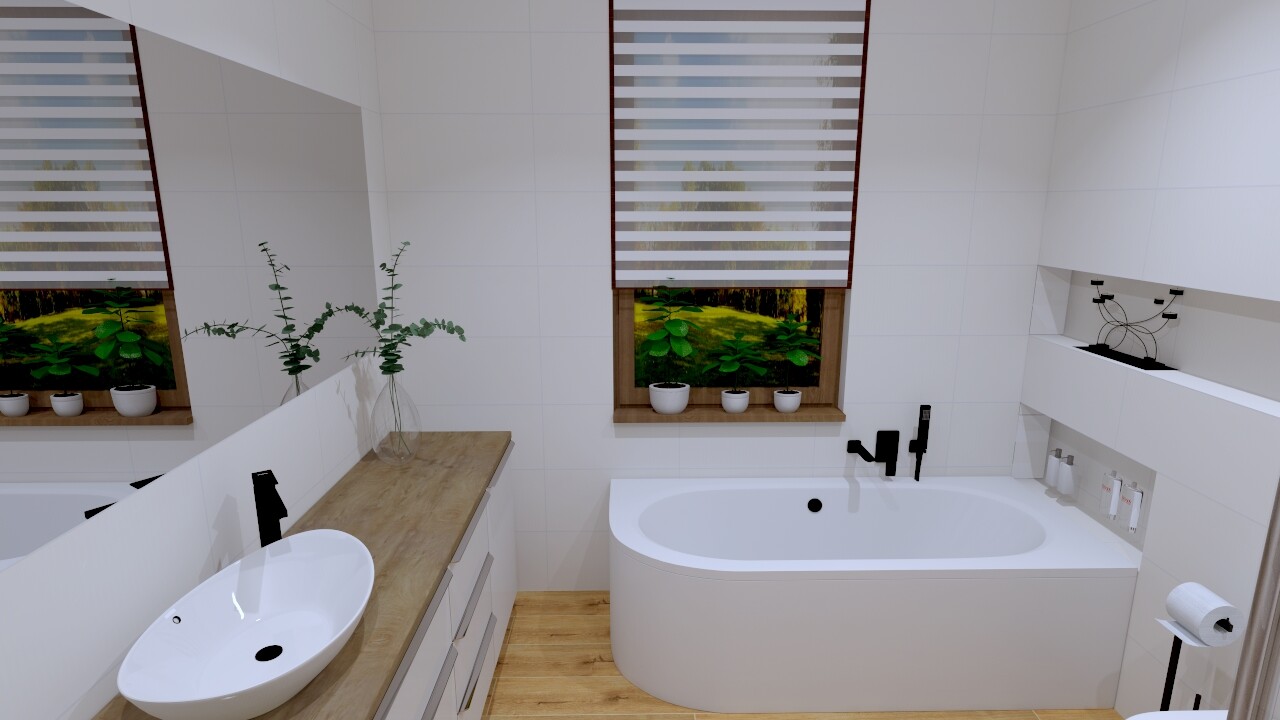 Modernes Badezimmer mit Badewanne, Waschbecken, Holzablage, Spiegel, Fenster und Pflanzen.