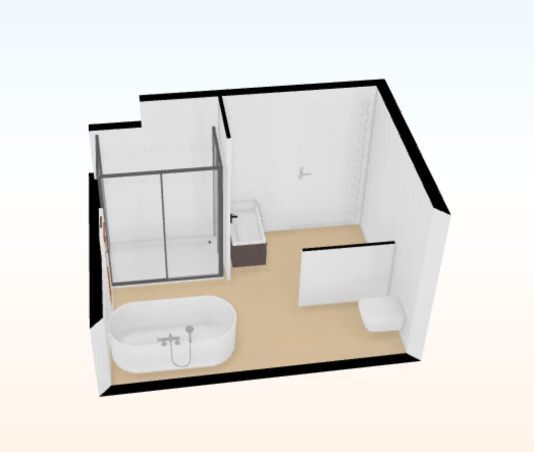 3D-Badezimmer mit Dusche (Abtrennung), Badewanne, Waschbecken und Toilette.