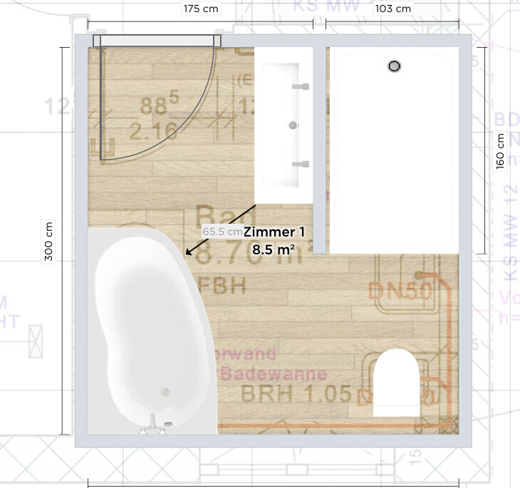 Grundriss eines 8,5 m² Badezimmer: Badewanne links, Waschtisch zentriert, WC rechts.