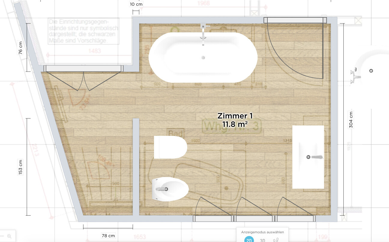 Grundriss eines Badezimmers mit Badewanne, Dusche, Waschbecken, Toilette, Bidet und Holzfußboden.