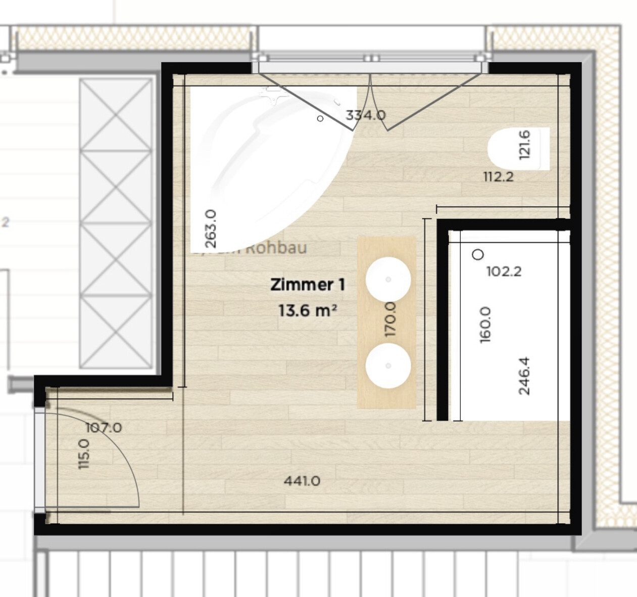 Grundriss von Zimmer 1 (13,6 m²) mit Badewanne links und Kücheninsel mit zwei Spülen.