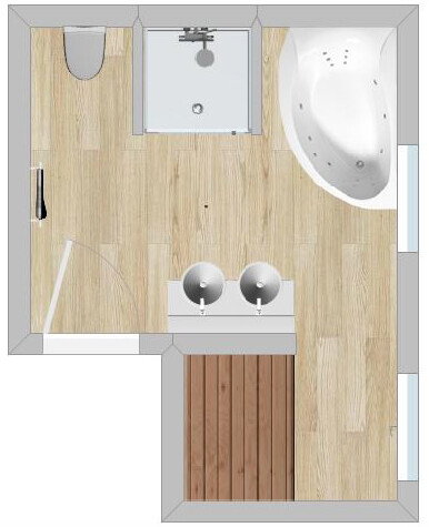 2D-Badgrundriss mit Dusche, Badewanne, Doppelwaschtisch und Holzfußboden