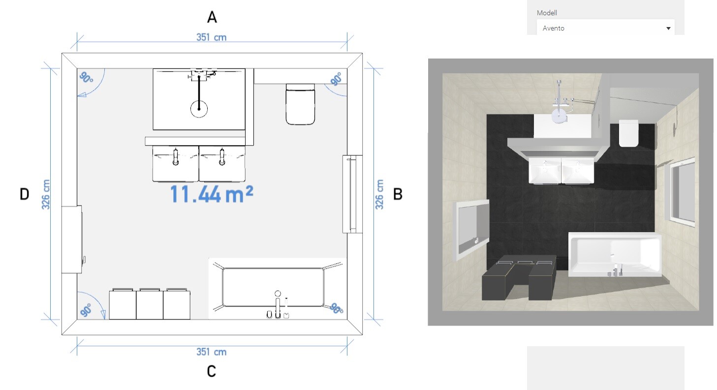 Badezimmer Grundriss und 3D-Ansicht mit Doppelwaschtisch, Toilette und Badewanne