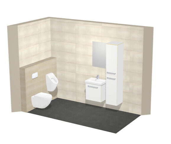 Modernes Badezimmer mit Toilette, Waschbecken, Spiegel und Schrank vor hellen Fliesen.