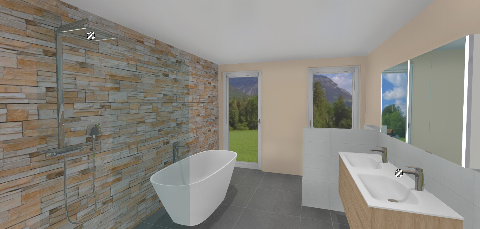 Modernes Badezimmer mit Steinwand-Dusche, freistehender Badewanne, Doppelwaschtisch und Bergblick.