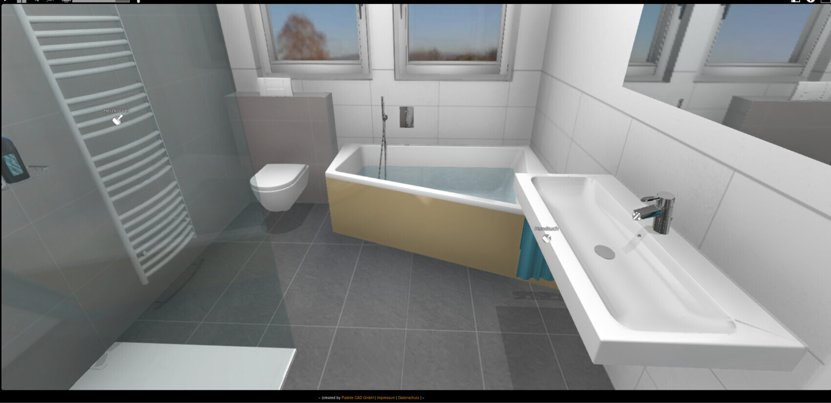 Modernes Badezimmer mit Badewanne, Waschbecken, Toilette, Heizkörper und zwei Fenstern.
