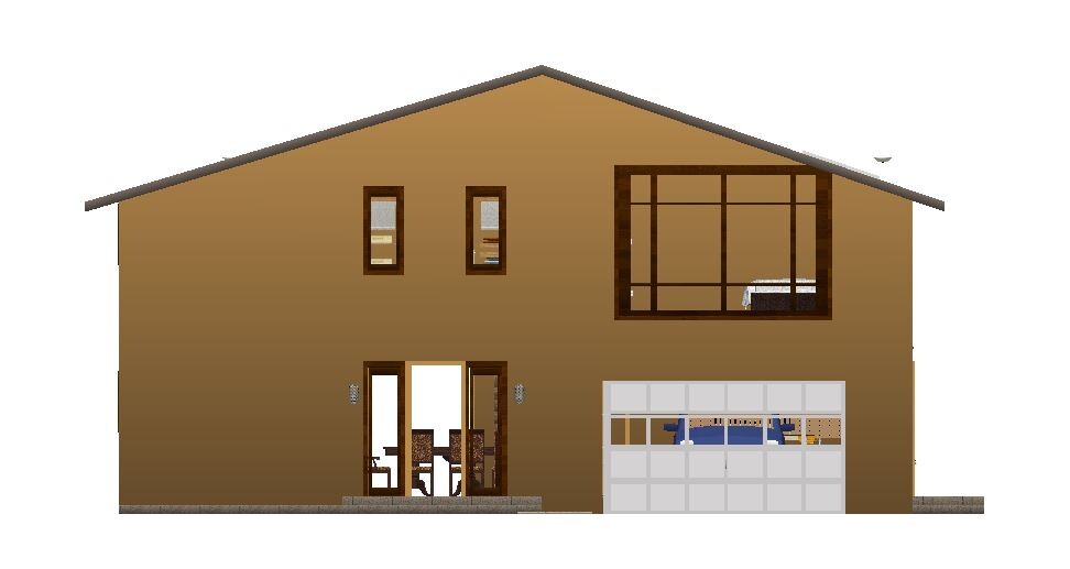Zweistöckiges Haus mit brauner Fassade, großem Oberfenster rechts, Eingang links, Garage rechts