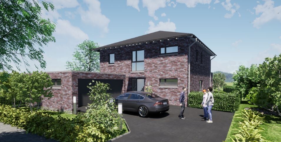 Moderne Backstein-Villa, Einfahrt, dunkles Auto, drei Personen vor dem Haus.