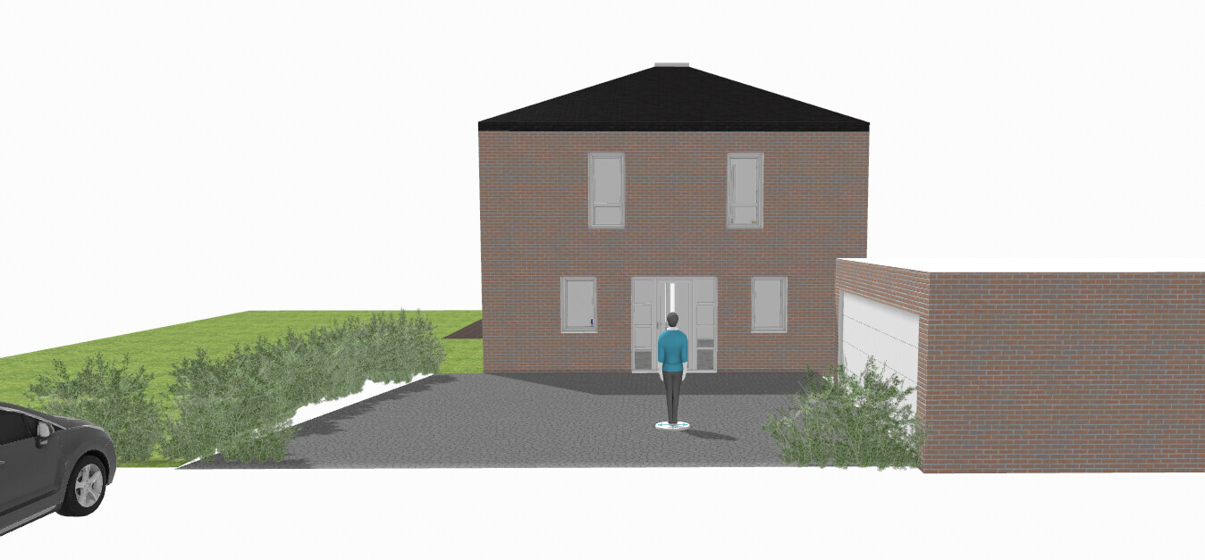 Zweistöckiges Backsteinhaus mit dunklem Dach; Person vor Eingang, Auto links, Garage rechts