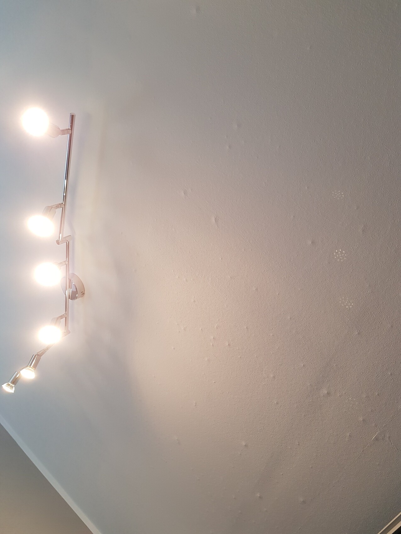 Deckenleuchte: Metallstange mit fünf Spotstrahlern an der Decke, beleuchtet den Raum hell.