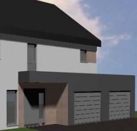 Moderne 3D-Hausfront mit Doppelgarage und Eingang