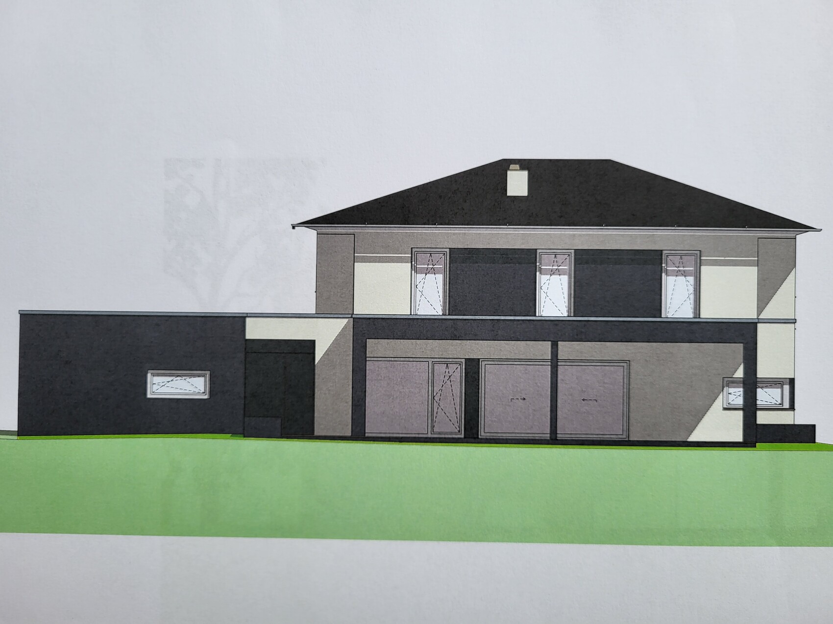 Moderne zweistöckige Villa mit dunkler Fassade, großen Fenstern und Garage auf grünem Rasen.