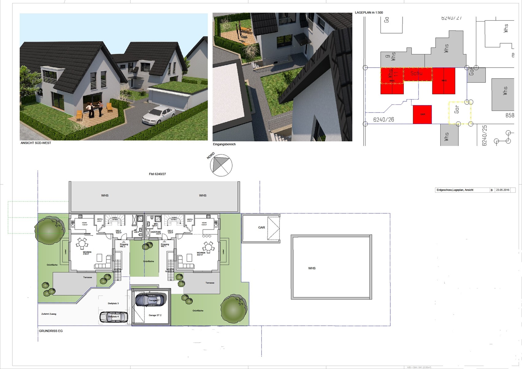3D-Hausansichten und Grundrissplan eines Doppelhaus-Projekts mit Garten und Garage