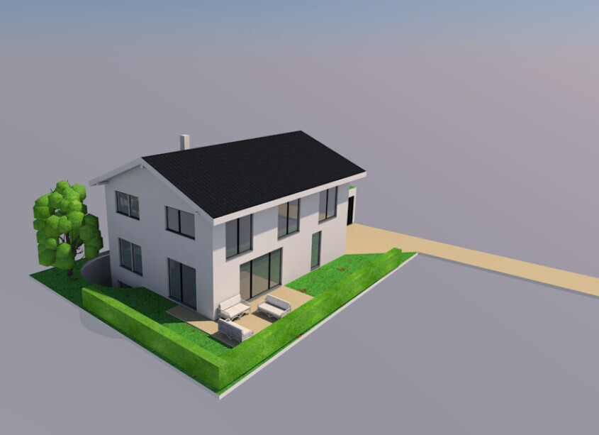 3D-Modell eines modernen weißen Hauses mit schwarzem Dach, Garten und Terrasse