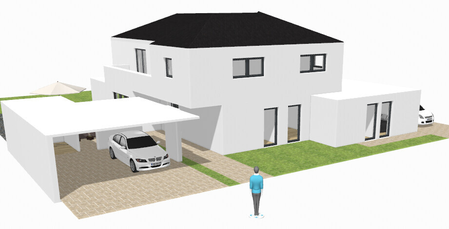 Moderne weiße Villa mit Carport, Auto und einer stehenden Person im Vorgarten.