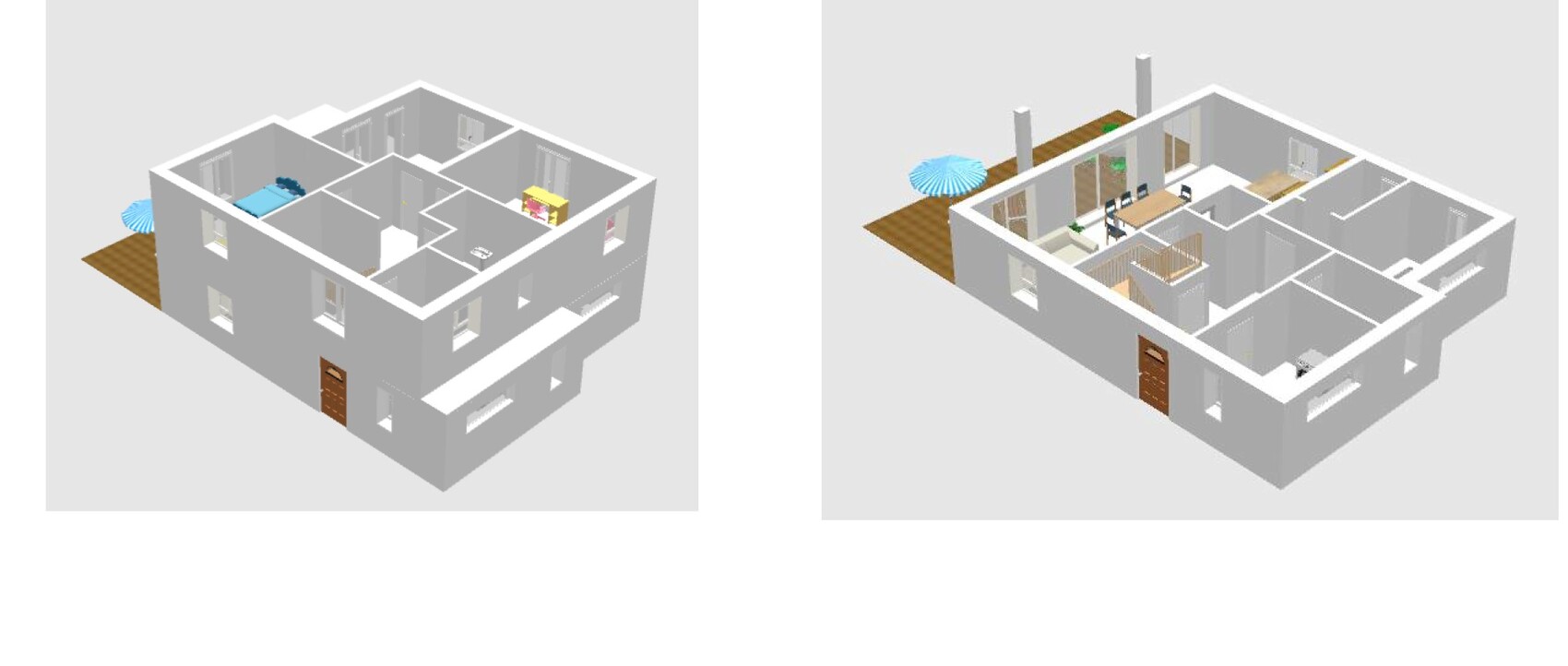 Zwei isometrische Hausgrundrisse: Innenräume mit Möbeln und Terrasse mit Sonnenschirm.