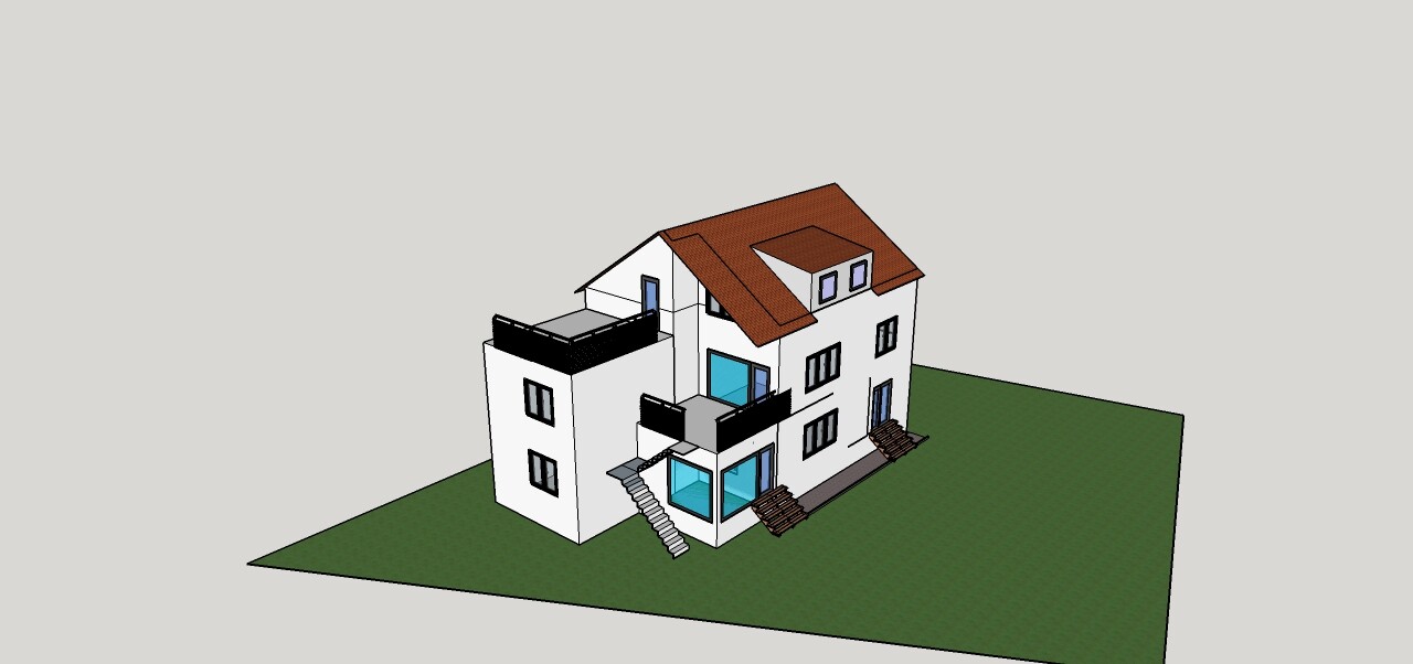 Isometrisches 3D-Haus mit rotem Dach, Balkonen, Treppen auf grünem Grundstück.