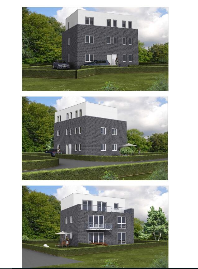 Modernes dreistöckiges Ziegelhaus mit weißem Obergeschoss in Grün; drei Ansichten des Hauses.